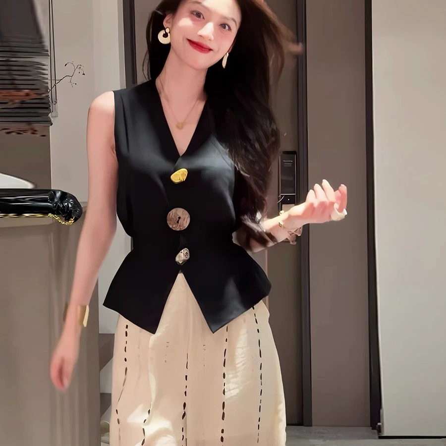 夏季清冷松弛感穿搭套装v领无袖背心马甲女上衣休闲阔腿裤两件套