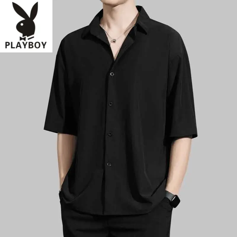 花花公子男士夏季薄款冰丝短袖衬衫宽松垂感男款五分袖休白衬衣