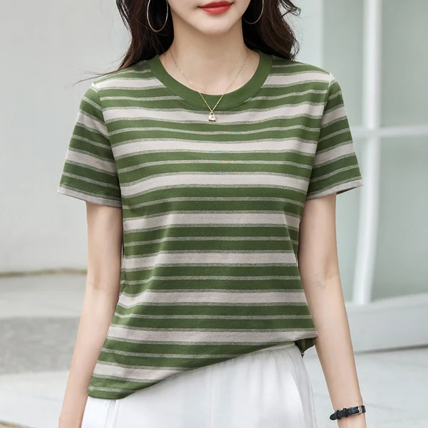 518亚麻绿宽松大码新款清新女装圆领短袖条纹T恤百搭休闲夏季