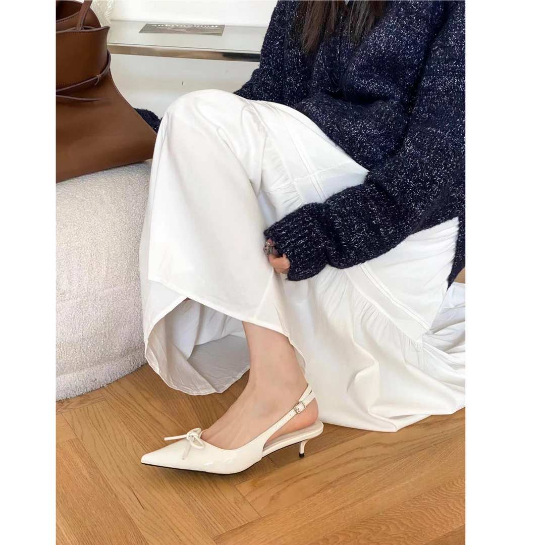 法式漆皮尖头细跟凉鞋女2025年新款时尚蝴蝶结后绊带包头单鞋 AM