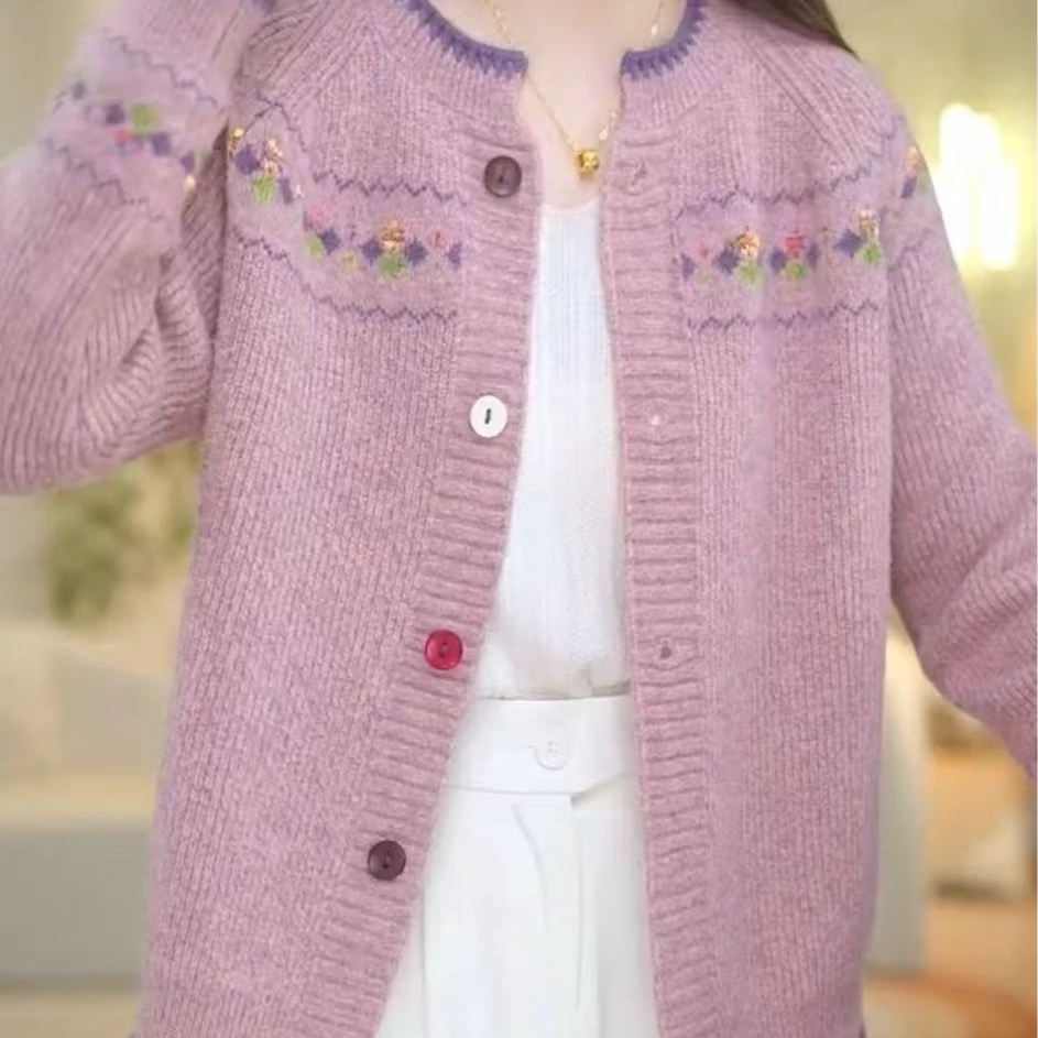 春秋新款花纱针织女开衫大码宽松减龄毛衣外套短款外搭