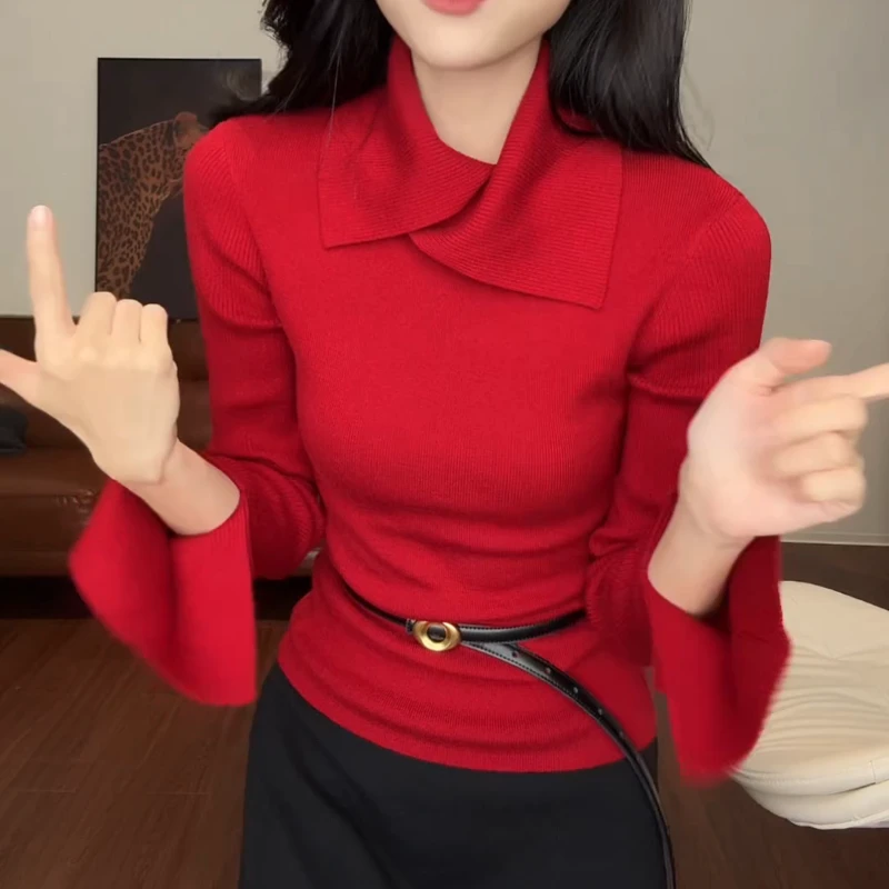 翻领修身针织长袖袖口拼色百搭显瘦打底衫上衣LK2507528