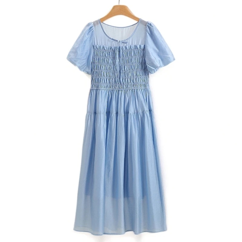 F558-伍莎服饰云仓【魔】泡泡袖绑带圆领连衣裙#ZMM56L096