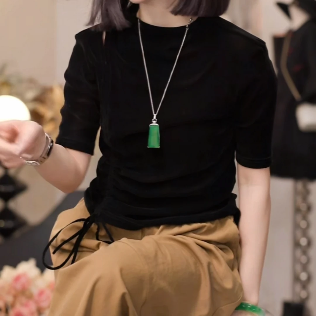 侧边抽绳收腰显瘦丝绒内搭打底衫2025秋季新款黑色修身遮肉上衣潮