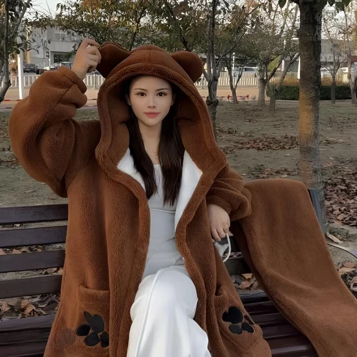 团长秋冬季美拉德双层加绒加厚中长款保暖睡袍可爱小熊连帽家居服