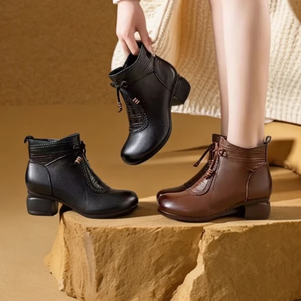 复古真皮马丁靴舒适时尚软底妈妈鞋粗跟加绒平底秋冬中老年中跟