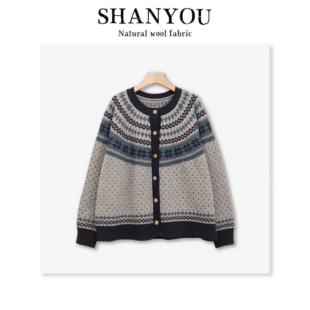 【山有】费尔岛秋冬复古提花羊毛针织开衫女款宽松圆领设计羊毛886