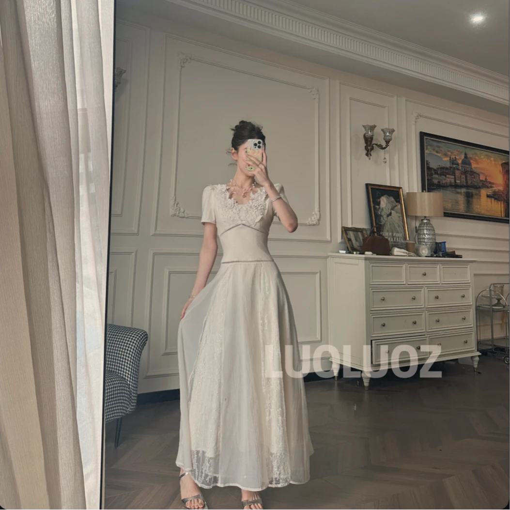 LUOLUOZ【谈风月】高级感气质蕾丝花边绝美收腰长款连衣裙JF802