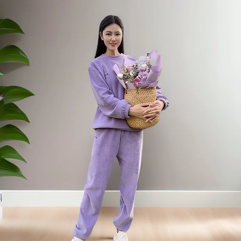 【女士】春秋新款保暖加绒精致绣花居家舒适简约气质套装WJ010702