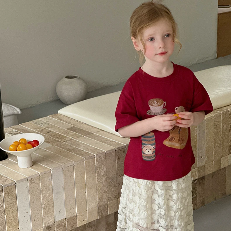 YUNI2025新款韩版女童全棉T恤儿童卡通小熊短袖百搭休闲上衣T恤