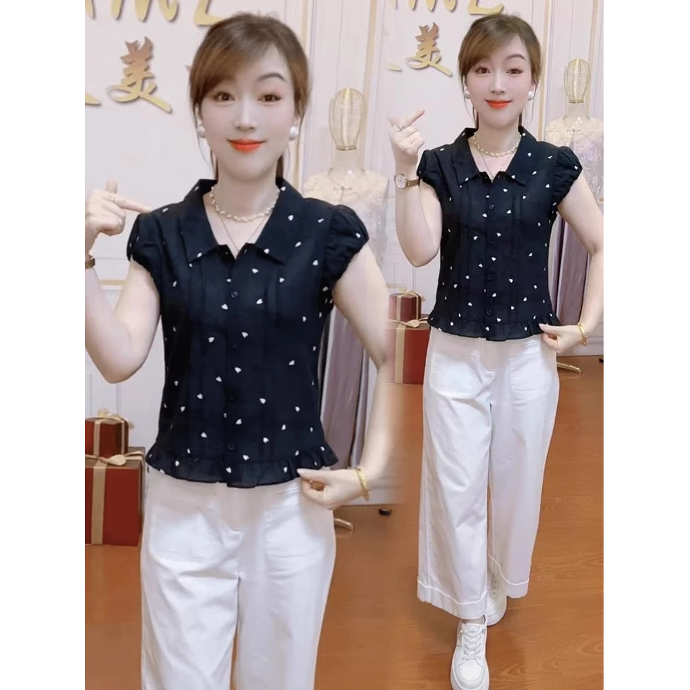 时尚印花衬衫女2025夏季新款设计感小众宽松显瘦上衣气质短袖衬衣