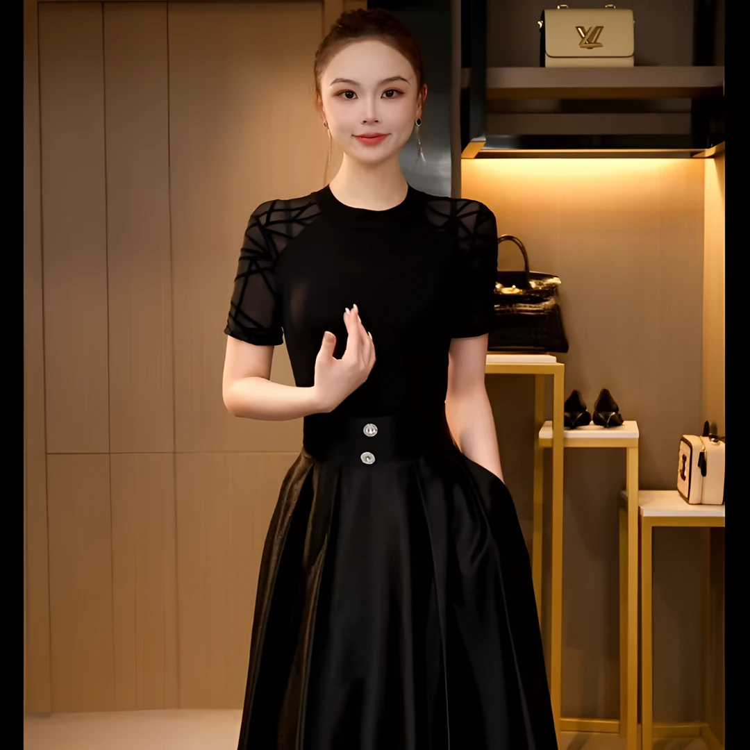 DY25X-A1738夏季新款圆领植绒拼接双层网纱内搭洋气修身打底衫女