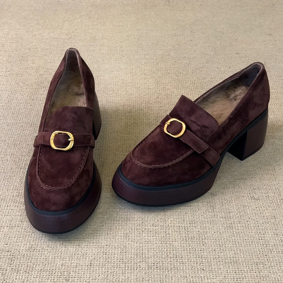 RubyL/7cm小个子简约通勤皮带扣舒适一脚蹬圆头粗跟乐福鞋女款