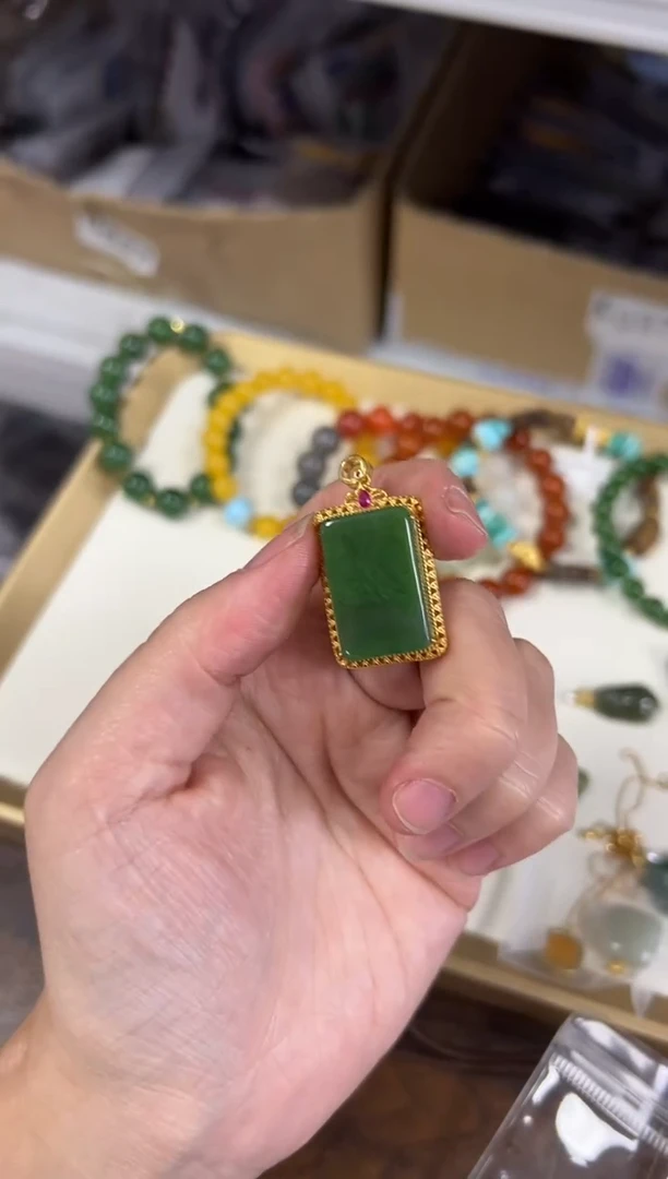 项链银S925镶嵌和田玉孤品和田玉碧玉方牌银吊坠[6286]