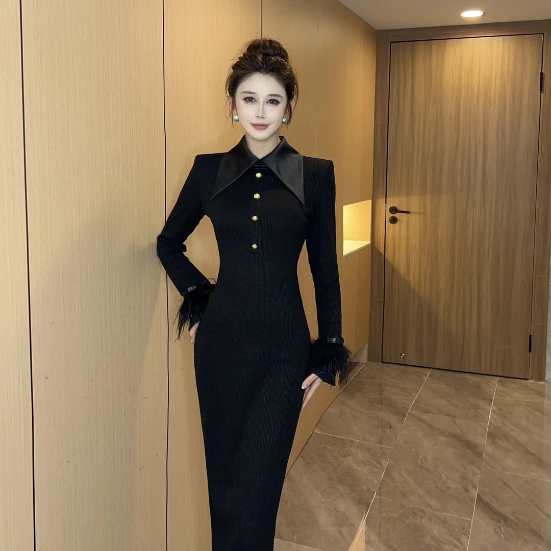 2025春季新款显瘦时尚休闲百搭长款长袖修身连衣裙9316