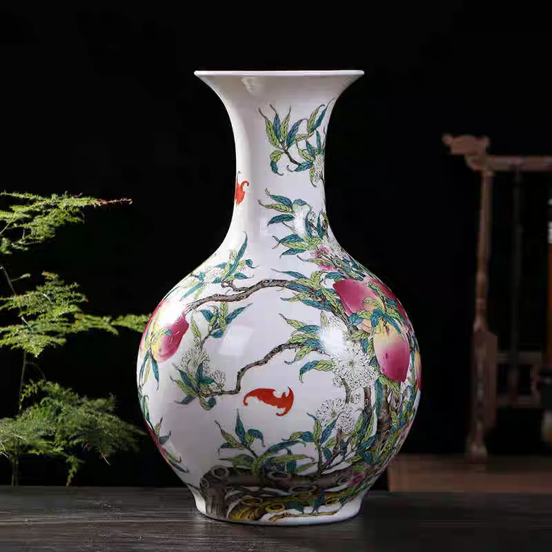 景德镇陶瓷花瓶釉上彩九桃五福赏瓶小号高37公分