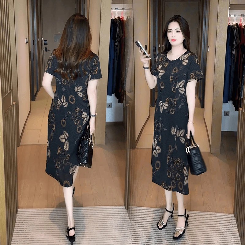 小个子妈妈装印花短袖连衣裙2025夏季新款气质显瘦遮肚子洋气裙子