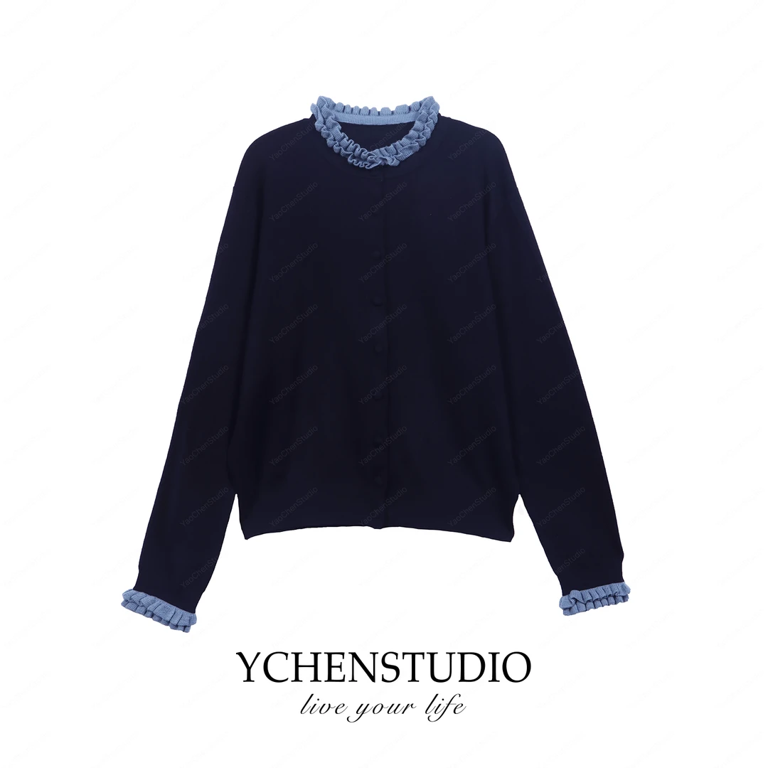 YC2【含羊毛】【岛屿】秋冬气质撞色花边领针织衫时尚慵懒开衫LJ221