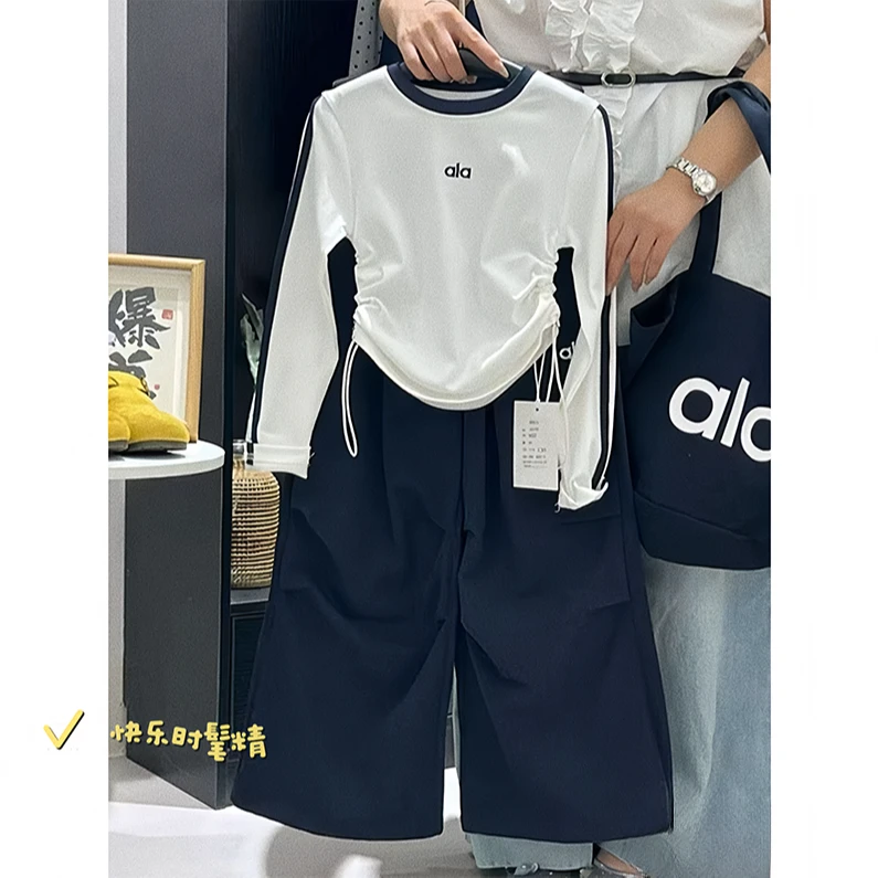 女童长袖T恤工装裤套装春秋2025新款休闲拉条打底衫运动阔腿裤潮