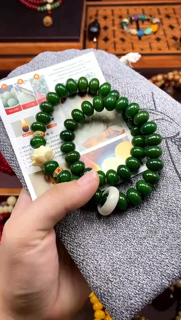 手串白玉菩提翠微 绿菩提双圈手串带莲花