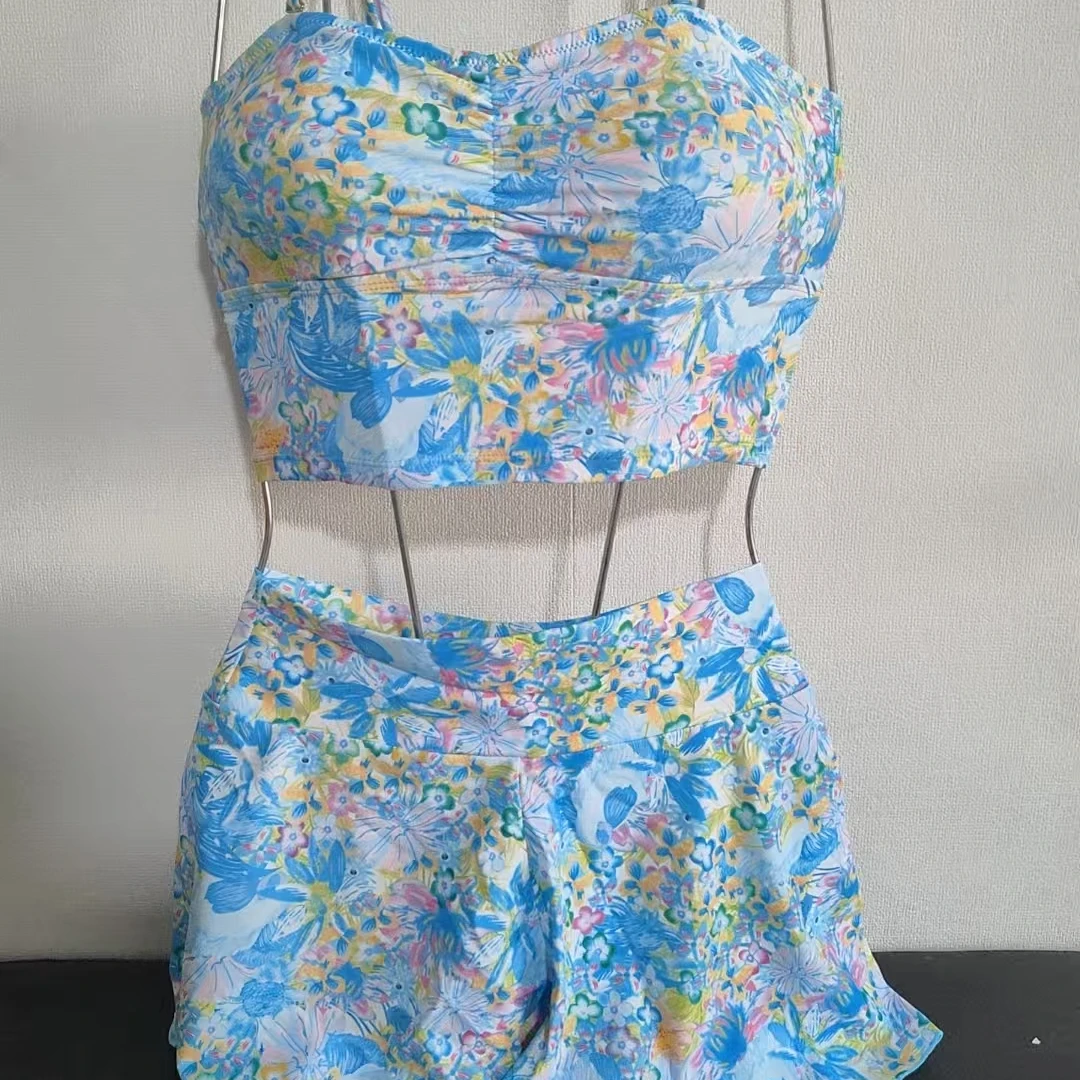 三件套碎花分体泳衣女显瘦遮肚性感比基尼海边度假温泉泳装