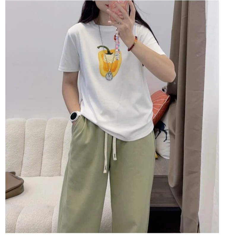 2025夏季新款趣味辣椒印花钉珠短袖T恤百搭裤子DYY2770