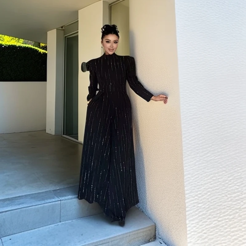 黑色阔腿喇叭条纹带钻气质收腰长袖显瘦时尚连体裤