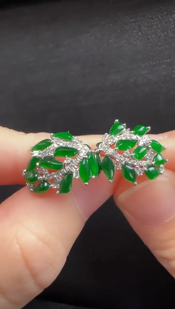 18K金镶嵌翡翠耳饰259麦穗一对