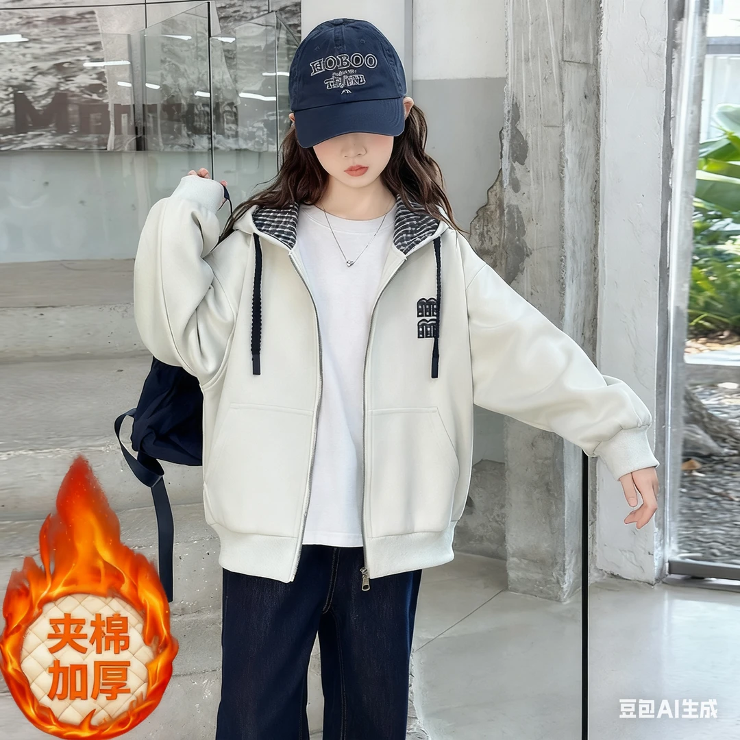 女童春秋款格子连帽外套女孩韩版休闲时尚洋气学院风外套儿童上衣