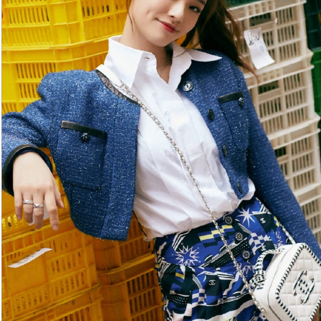 99新 Chanel/香奈儿 48码游轮系列蓝色细闪长袖短款外套