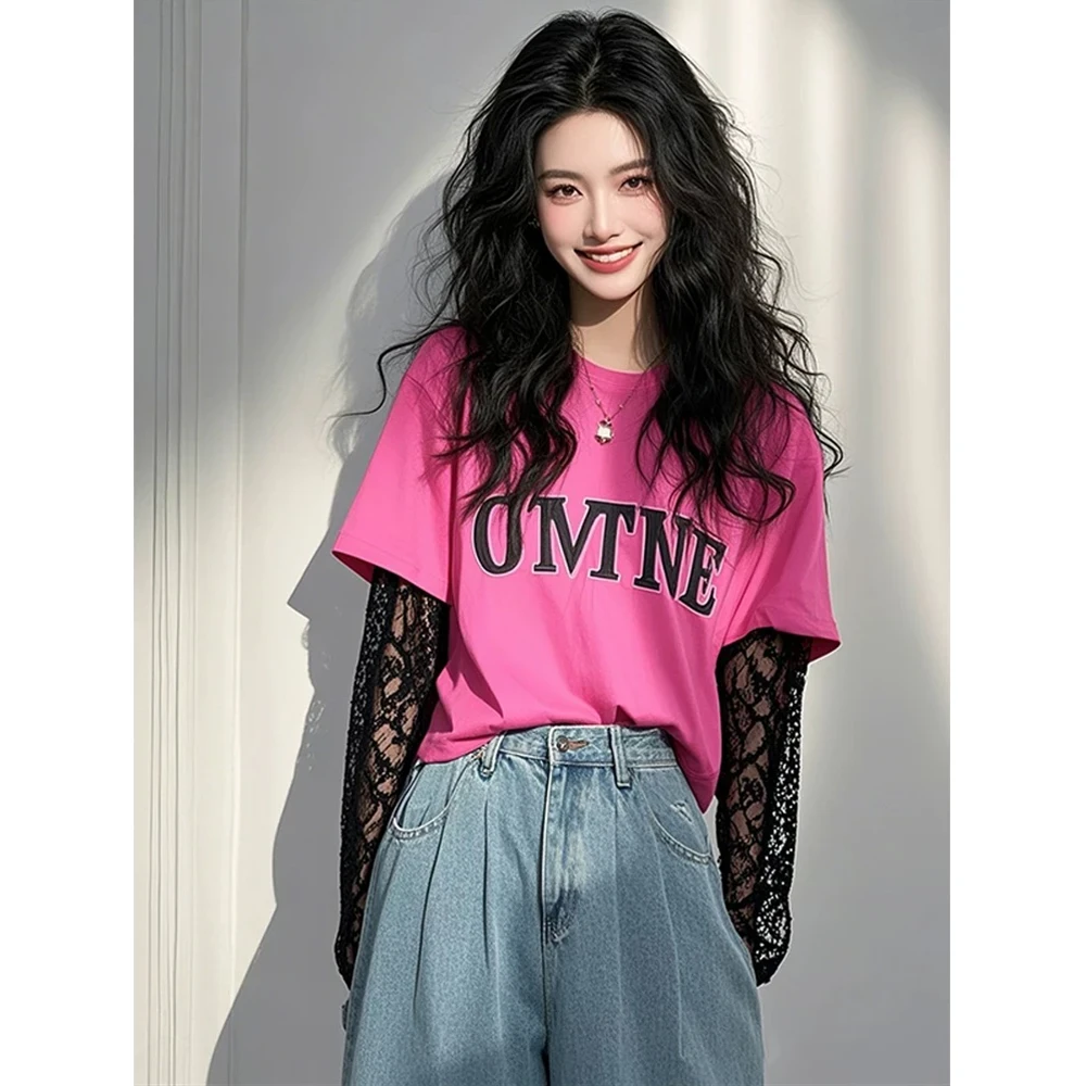 2025新款爆款设计感韩系假两件上衣玫红色蕾丝拼袖长袖t恤女春季