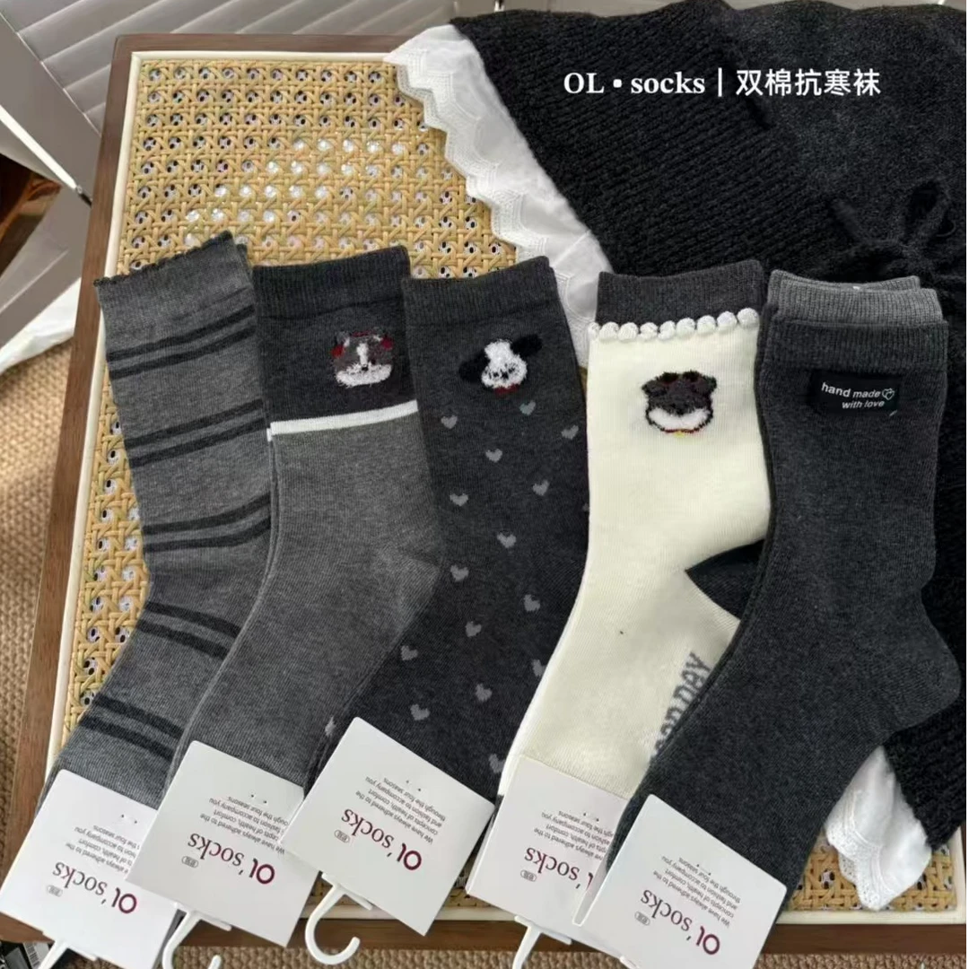 【冬季棉袜新款女袜】保暖中长筒女袜秋冬刺绣提花防臭潮百搭堆堆袜