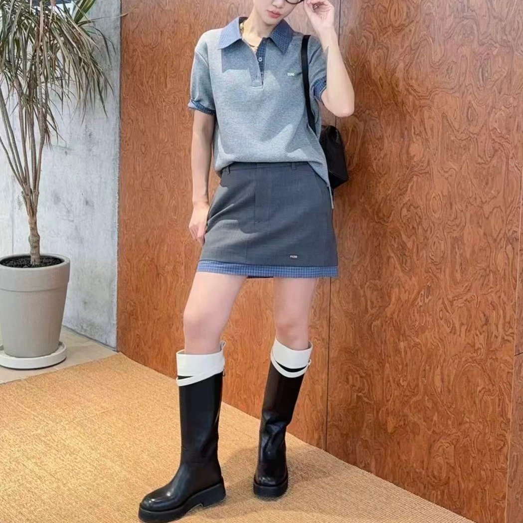 ANNENO25新款拼格纹领POLO短袖/半裙