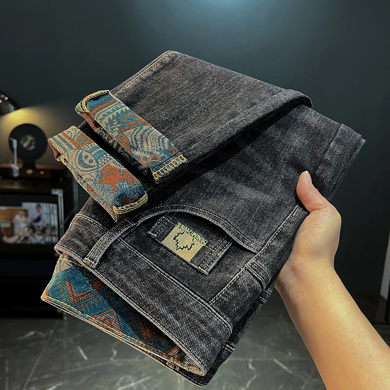 高端男士牛仔裤男款秋季轻奢印花休闲长裤弹力微哈小直筒裤子男裤