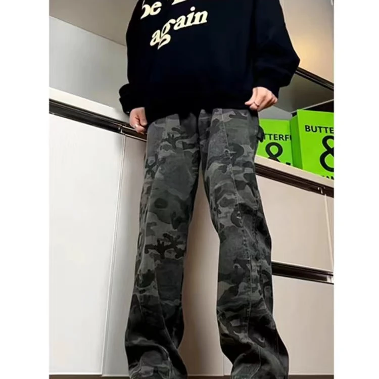 迷彩工装牛仔裤男生潮牌秋冬新款美式高街复古宽松直筒阔腿长裤子