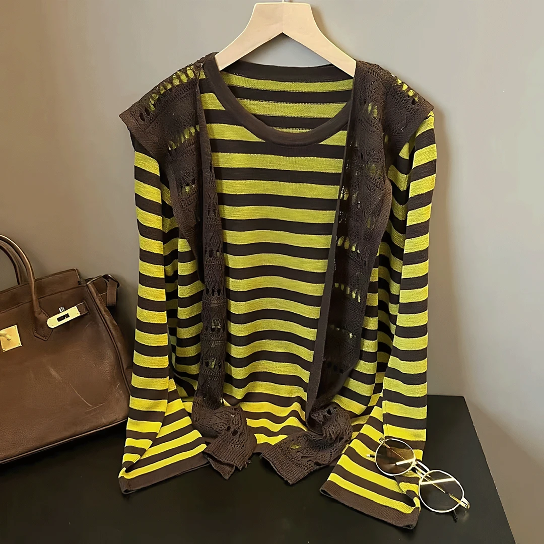 韩系早秋穿搭撞色条纹针织衫女2025新款巨好看轻熟长袖上衣带披肩
