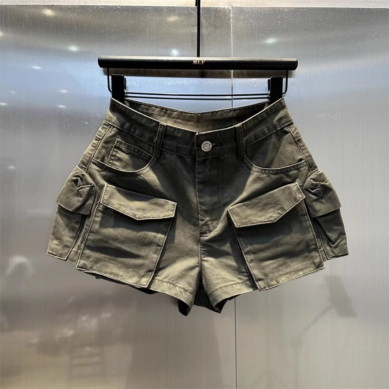 【现货】欧货夏季新款纯色简约时尚显瘦设计感工装多口袋牛仔短裤女