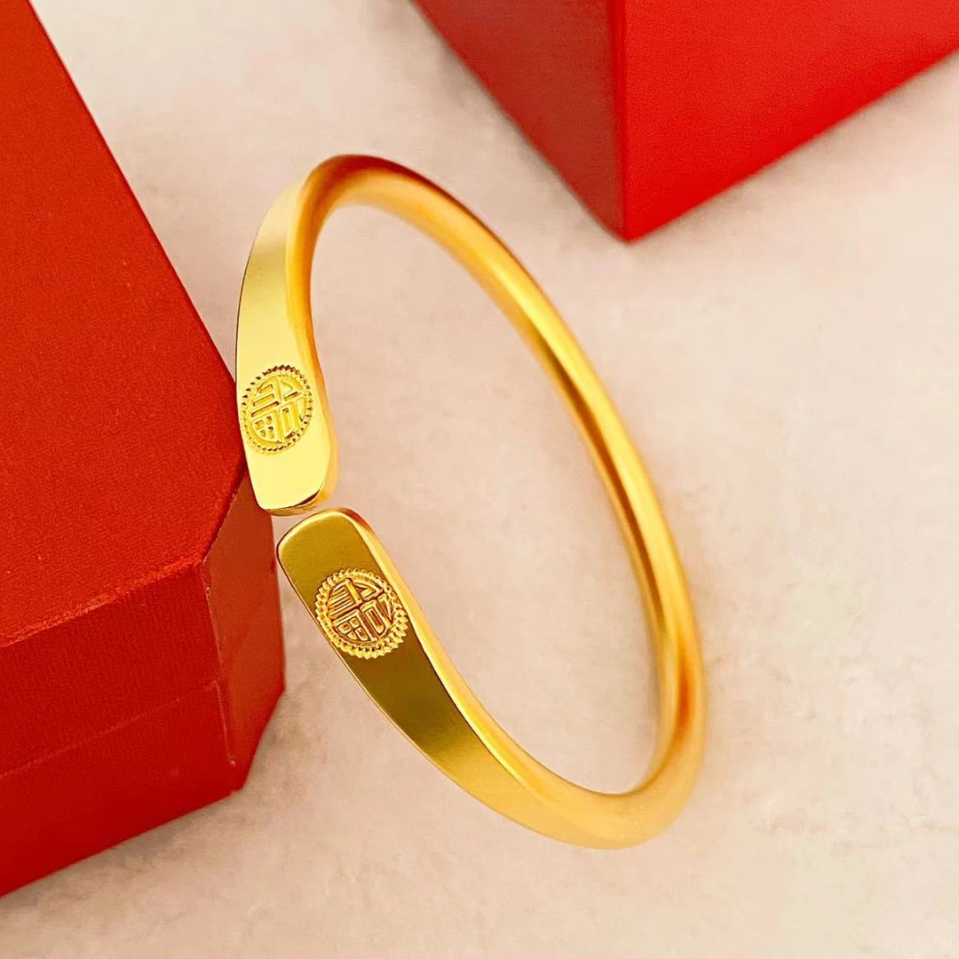 铜合金手镯 时尚经典双福典雅古法开口手镯实心镯子百搭