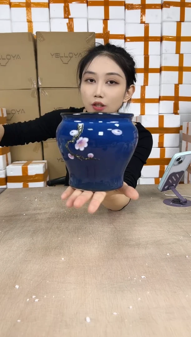 缸型深蓝花釉勾花13x13