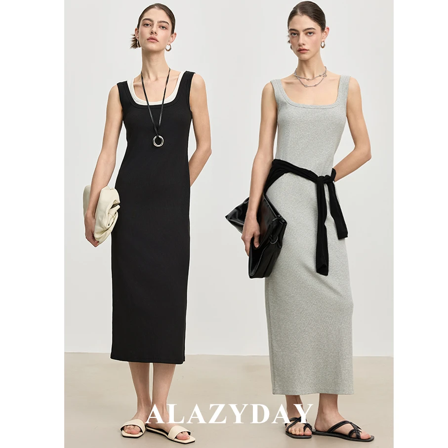 ALAZYDAY | 秒变纸片人简约U领收腰修身高弹坑条纹背心长裙