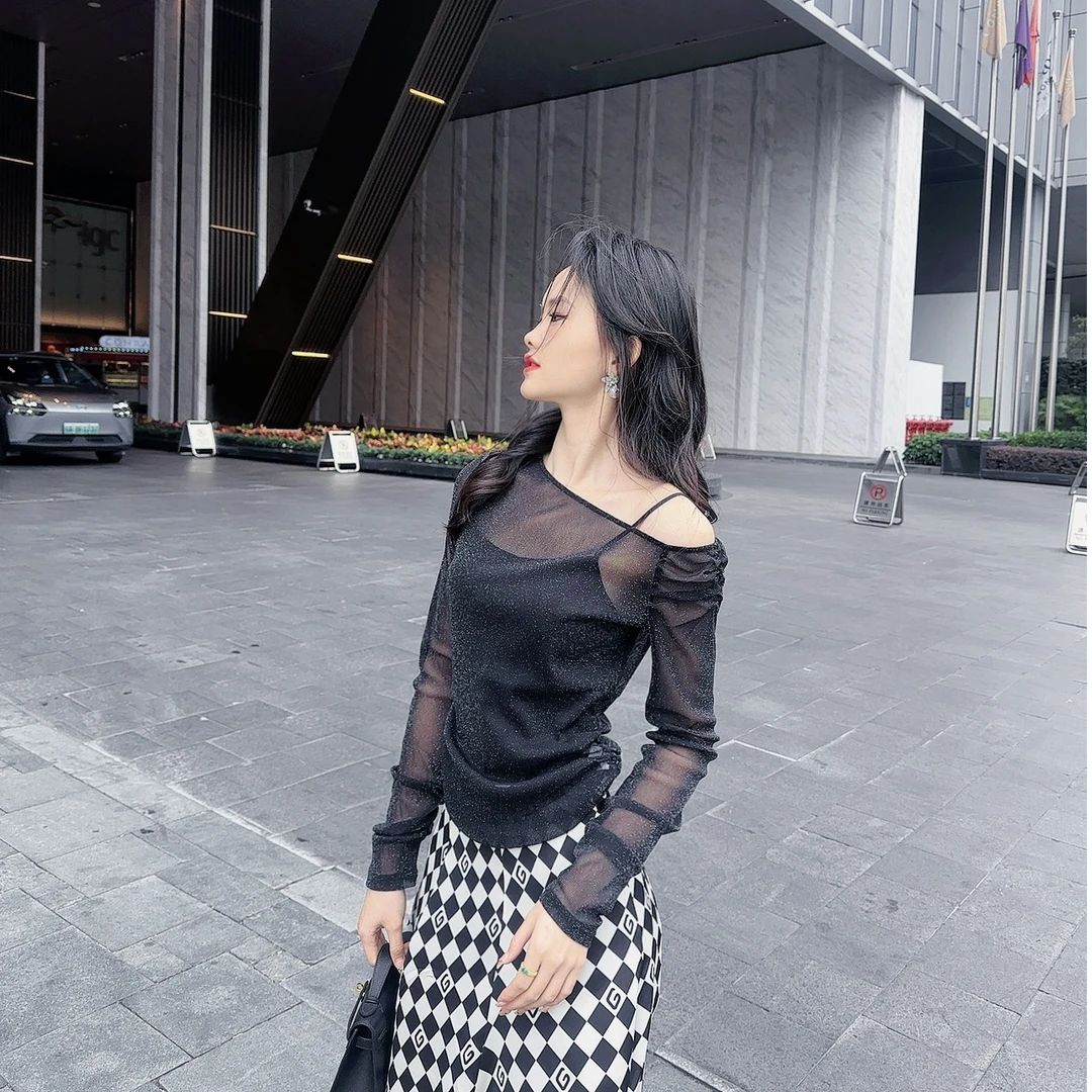 GIRDEAR/哥弟斜方领设计显瘦气质纱衣1301051（无吊带）