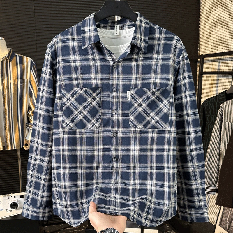 花格子衬衫男款日系复古潮流长袖衬衫男士百搭文艺休闲宽松上衣潮