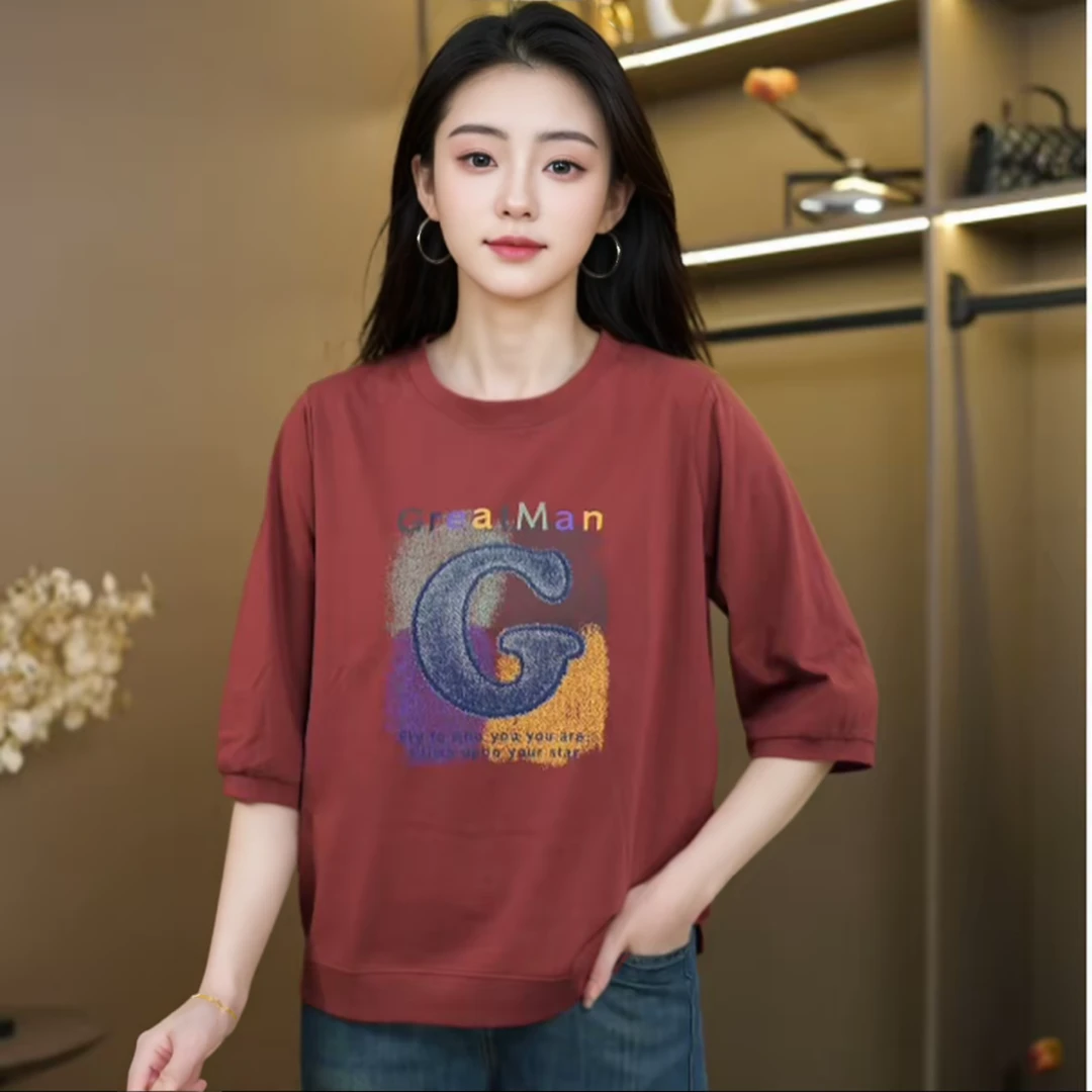 夏季t恤半袖休闲气质百搭圆领字母中年40-60岁高档女短袖宽松印花