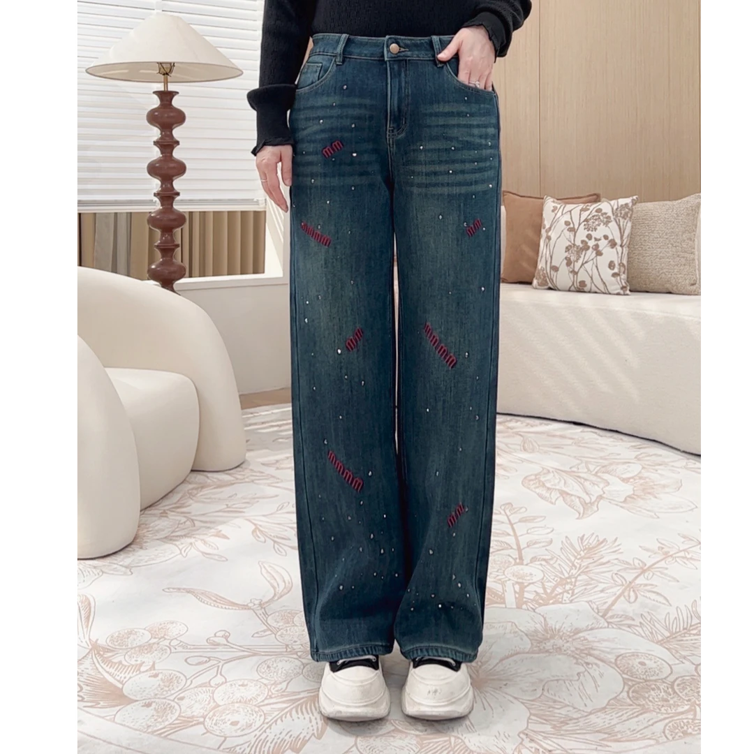 【水晶绒牛仔裤】MsShe大码女装新款冬烫钻撞色阔腿S~E2411047