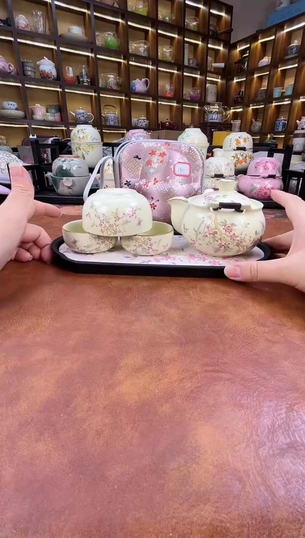 瓷片桃花1壶3杯宝瓶旅行+长方桃花盘