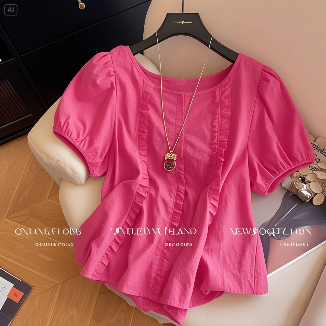 树莓粉小众设计感圆领泡泡袖衬衫女2025新款时尚宽松百搭气质上衣