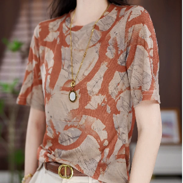 设计感印花时尚百搭宽松减龄圆领短袖薄款显瘦遮肉上衣夏季新款