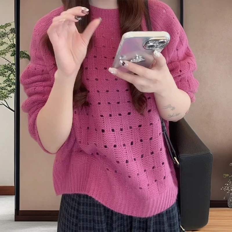 秋季氛围感宽松超好看针织衫套头圆领镂空毛针织衫C6227