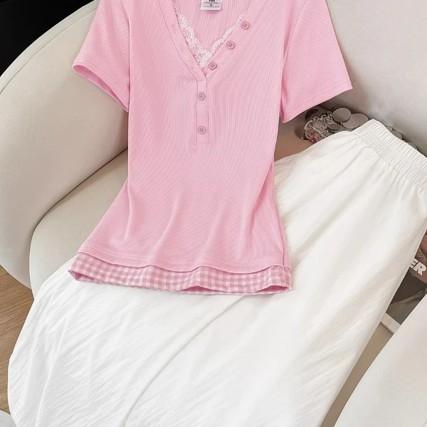 粉色V领修身短袖上衣女白色夏季新款爆款百搭气质显瘦韩版穿搭