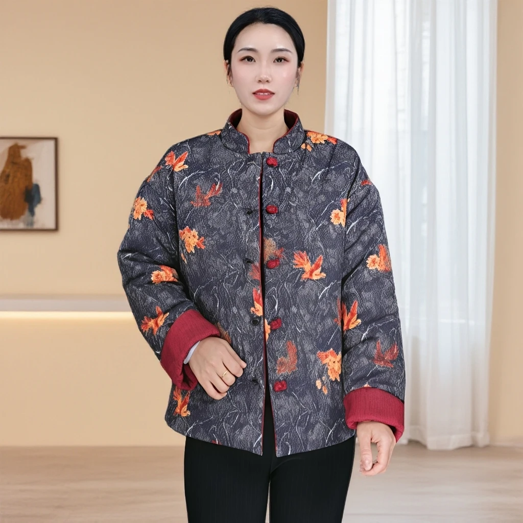 11886-新中式双面穿复古文艺风盘扣棉衣冬新款棉服妈妈装 依恋秀